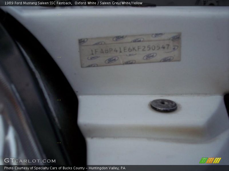 Info Tag of 1989 Mustang Saleen SSC Fastback