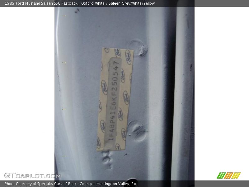 Info Tag of 1989 Mustang Saleen SSC Fastback