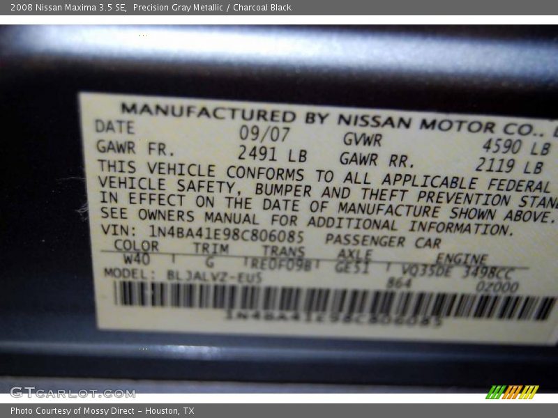 Precision Gray Metallic / Charcoal Black 2008 Nissan Maxima 3.5 SE