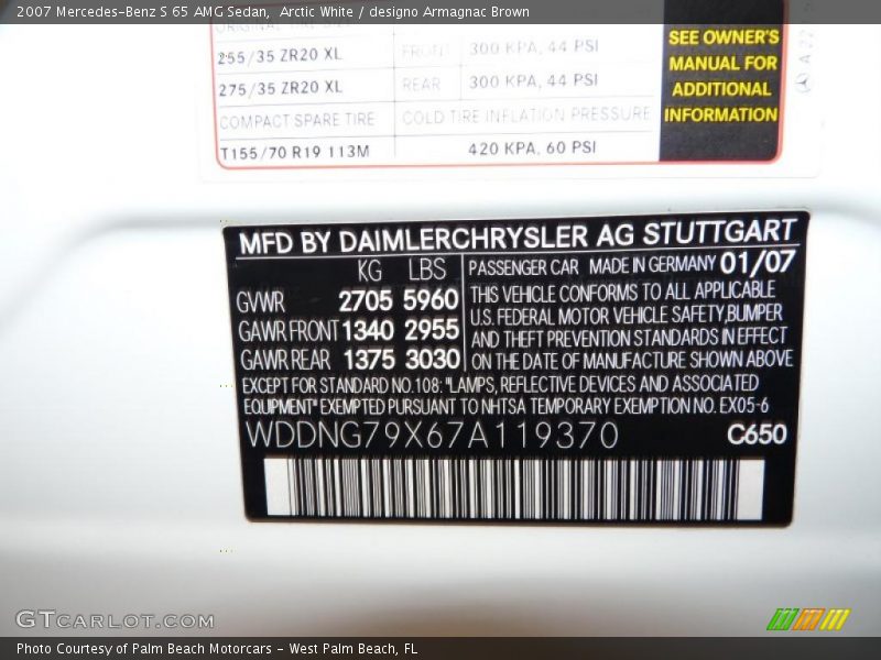 2007 S 65 AMG Sedan Arctic White Color Code 650