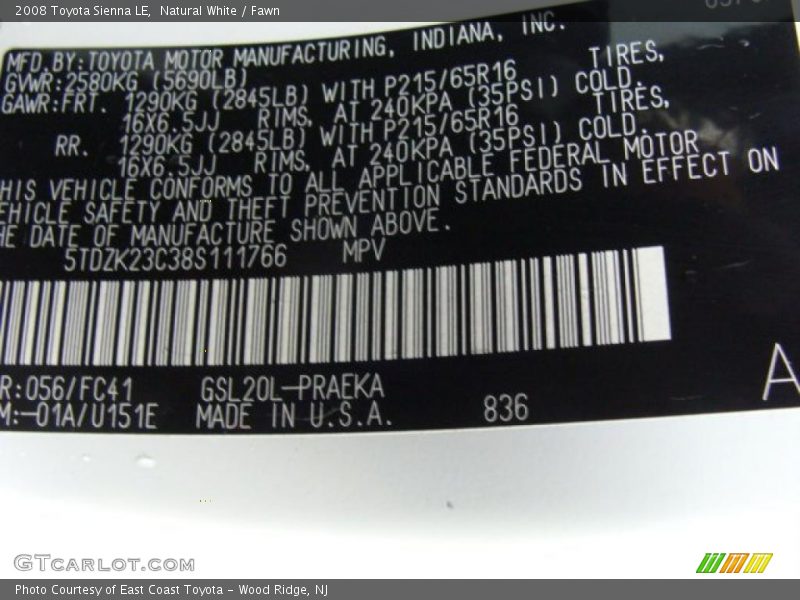 Natural White / Fawn 2008 Toyota Sienna LE