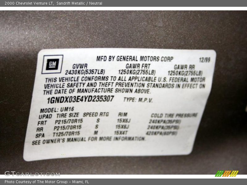 Info Tag of 2000 Venture LT