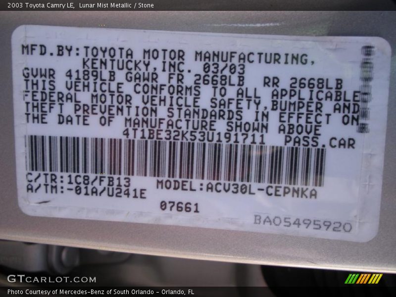 Lunar Mist Metallic / Stone 2003 Toyota Camry LE