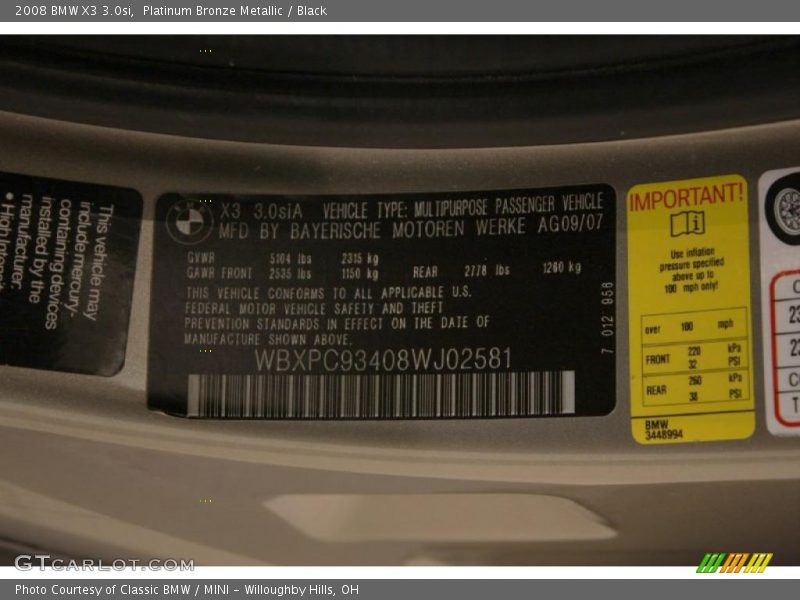 Platinum Bronze Metallic / Black 2008 BMW X3 3.0si