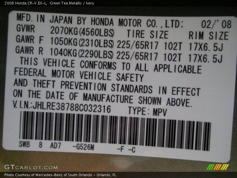 2008 CR-V EX-L Green Tea Metallic Color Code G526M