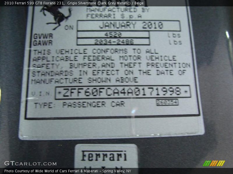 Info Tag of 2010 599 GTB Fiorano 231