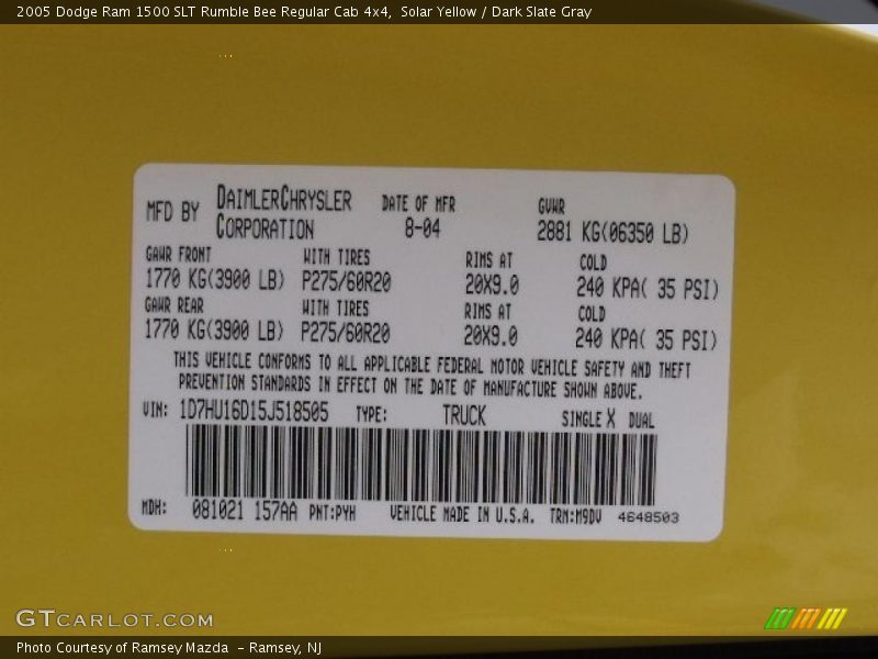 Solar Yellow / Dark Slate Gray 2005 Dodge Ram 1500 SLT Rumble Bee Regular Cab 4x4