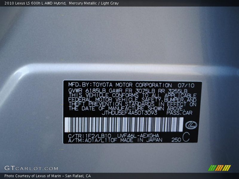 2010 LS 600h L AWD Hybrid Mercury Metallic Color Code 1F2