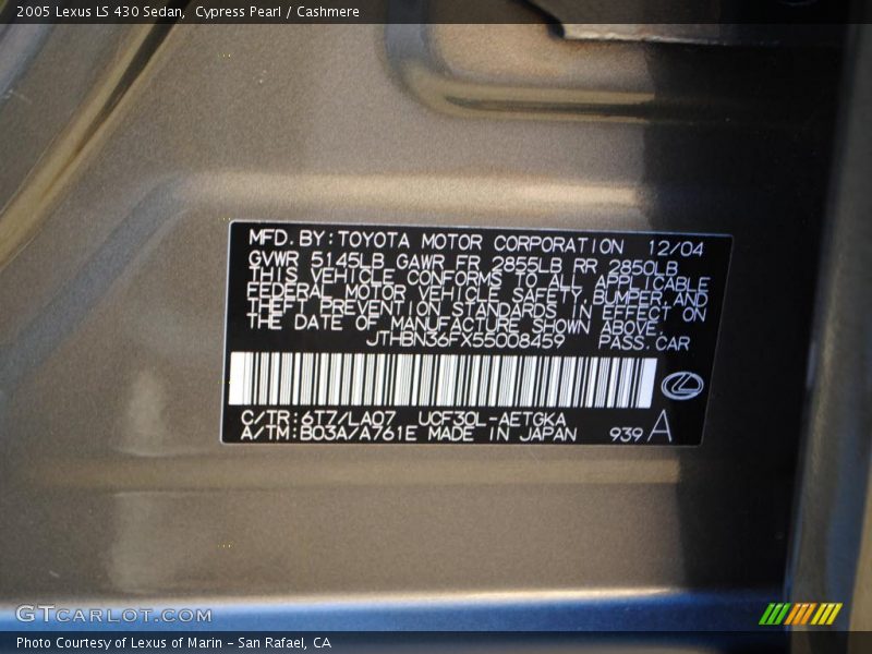 Info Tag of 2005 LS 430 Sedan