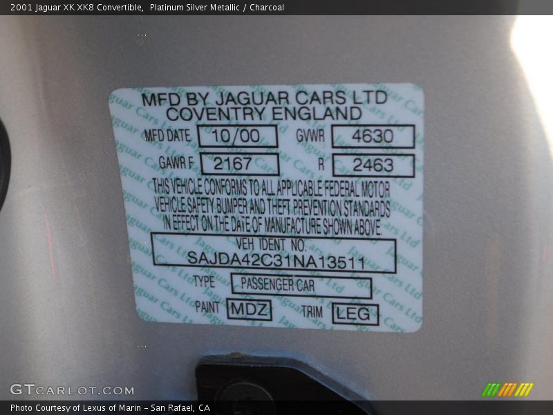 2001 XK XK8 Convertible Platinum Silver Metallic Color Code MDZ