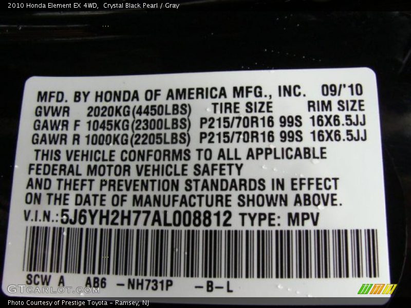 2010 Element EX 4WD Crystal Black Pearl Color Code NH731P
