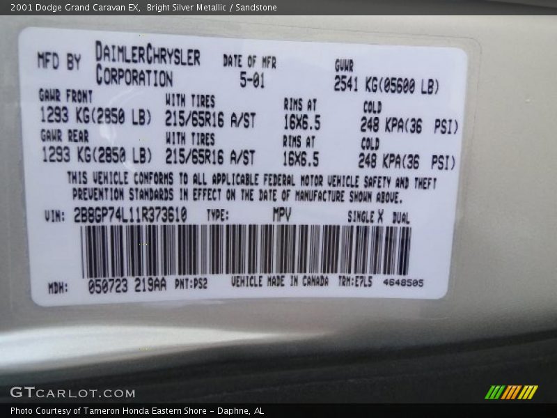 2001 Grand Caravan EX Bright Silver Metallic Color Code PS2