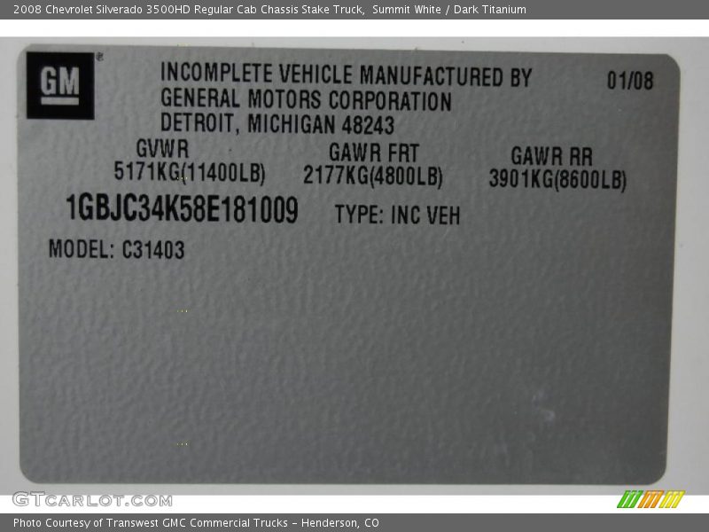 Info Tag of 2008 Silverado 3500HD Regular Cab Chassis Stake Truck