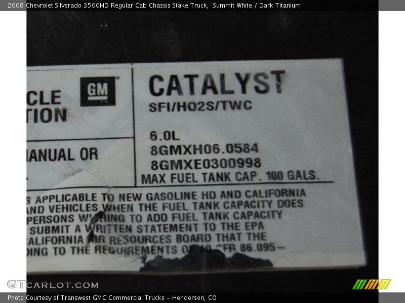 Info Tag of 2008 Silverado 3500HD Regular Cab Chassis Stake Truck