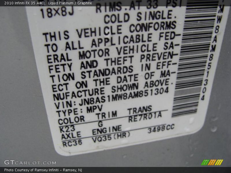 2010 FX 35 AWD Liquid Platinum Color Code K23