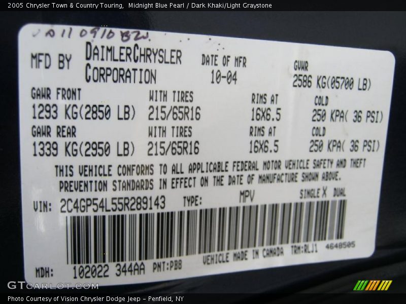 Midnight Blue Pearl / Dark Khaki/Light Graystone 2005 Chrysler Town & Country Touring