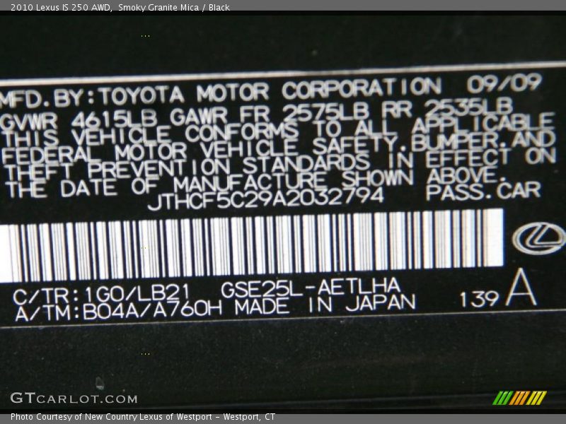 2010 IS 250 AWD Smoky Granite Mica Color Code 1G0