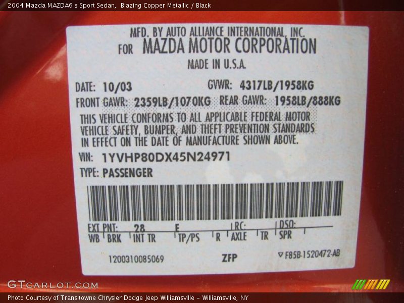 2004 MAZDA6 s Sport Sedan Blazing Copper Metallic Color Code 28