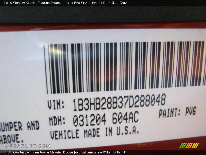 Inferno Red Crystal Pearl / Dark Slate Gray 2010 Chrysler Sebring Touring Sedan