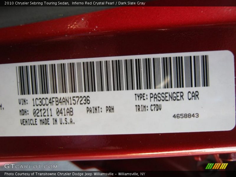 Inferno Red Crystal Pearl / Dark Slate Gray 2010 Chrysler Sebring Touring Sedan
