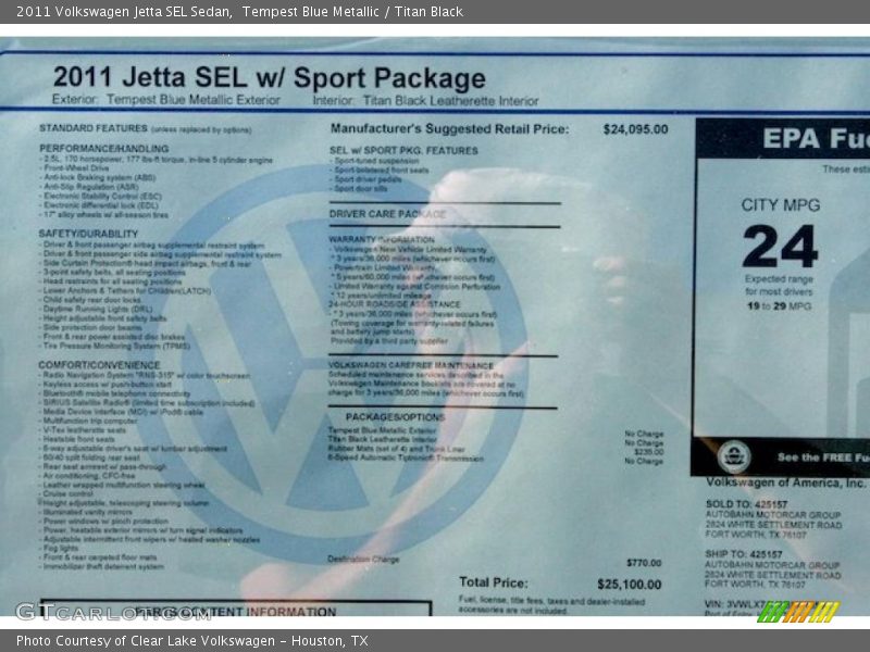  2011 Jetta SEL Sedan Window Sticker
