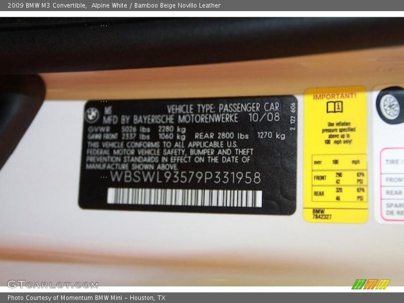 Info Tag of 2009 M3 Convertible