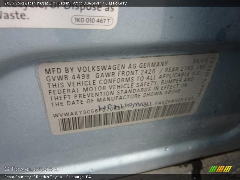 Arctic Blue Silver / Classic Grey 2006 Volkswagen Passat 2.0T Sedan
