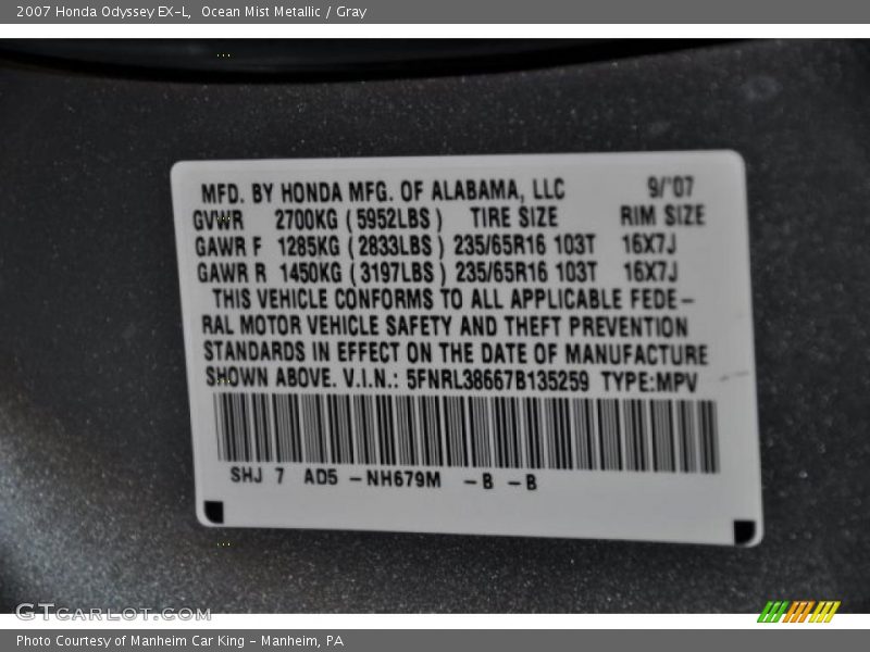 Ocean Mist Metallic / Gray 2007 Honda Odyssey EX-L