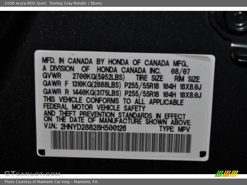 Sterling Gray Metallic / Ebony 2008 Acura MDX Sport