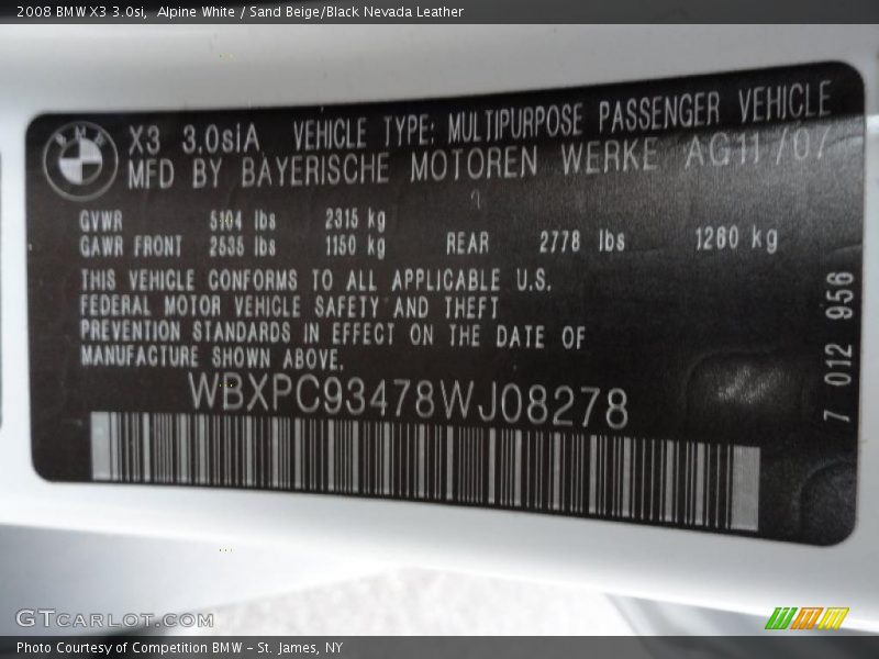 Alpine White / Sand Beige/Black Nevada Leather 2008 BMW X3 3.0si