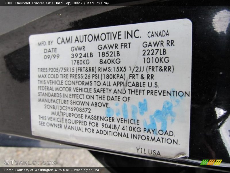 Info Tag of 2000 Tracker 4WD Hard Top