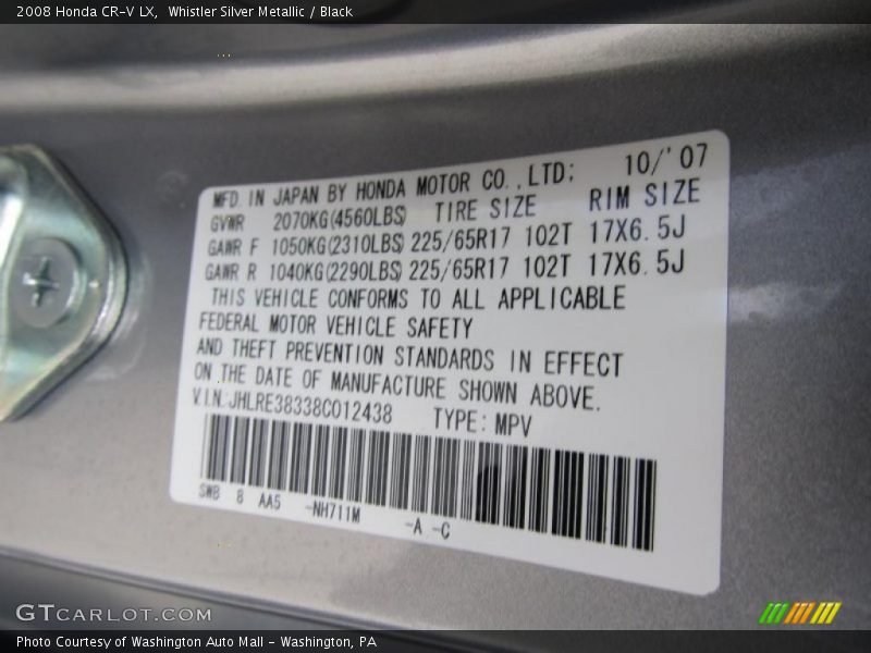 Whistler Silver Metallic / Black 2008 Honda CR-V LX