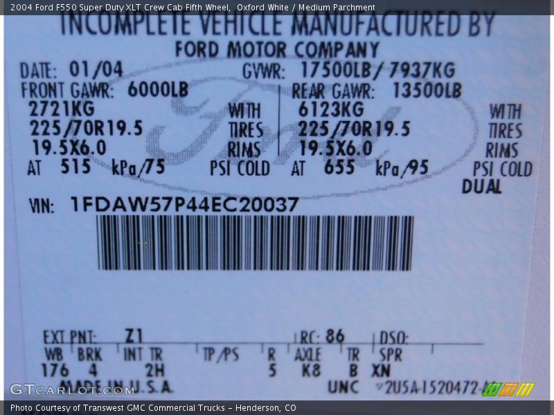 Oxford White / Medium Parchment 2004 Ford F550 Super Duty XLT Crew Cab Fifth Wheel