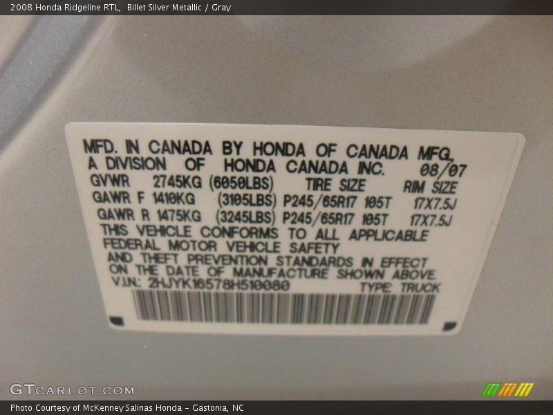 Billet Silver Metallic / Gray 2008 Honda Ridgeline RTL