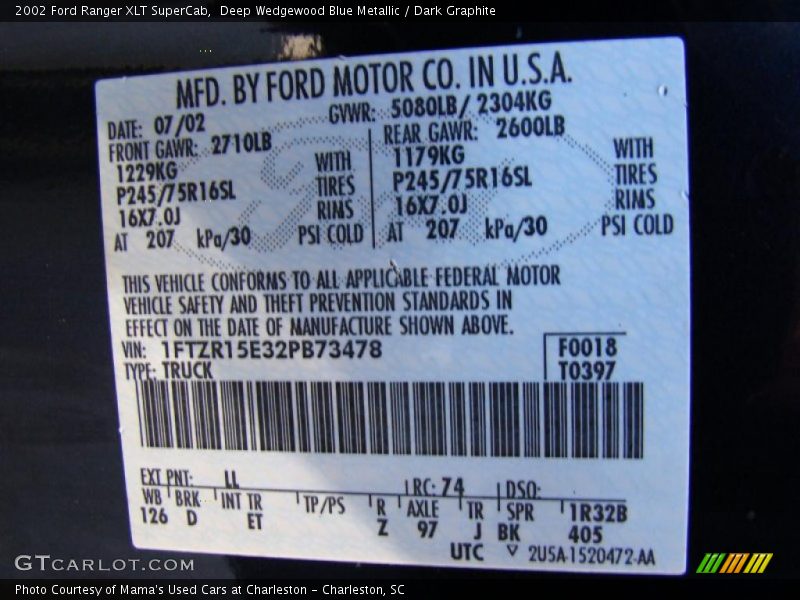 2002 Ranger XLT SuperCab Deep Wedgewood Blue Metallic Color Code LL