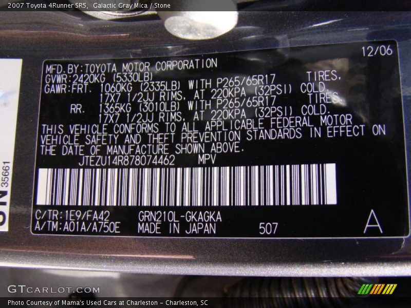 Galactic Gray Mica / Stone 2007 Toyota 4Runner SR5