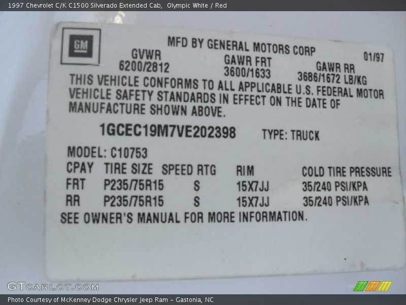 Info Tag of 1997 C/K C1500 Silverado Extended Cab