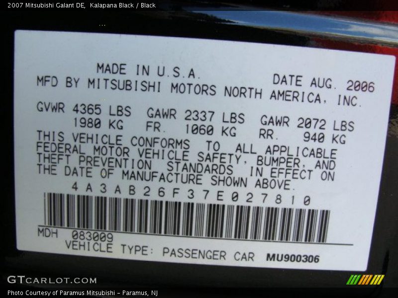 Info Tag of 2007 Galant DE