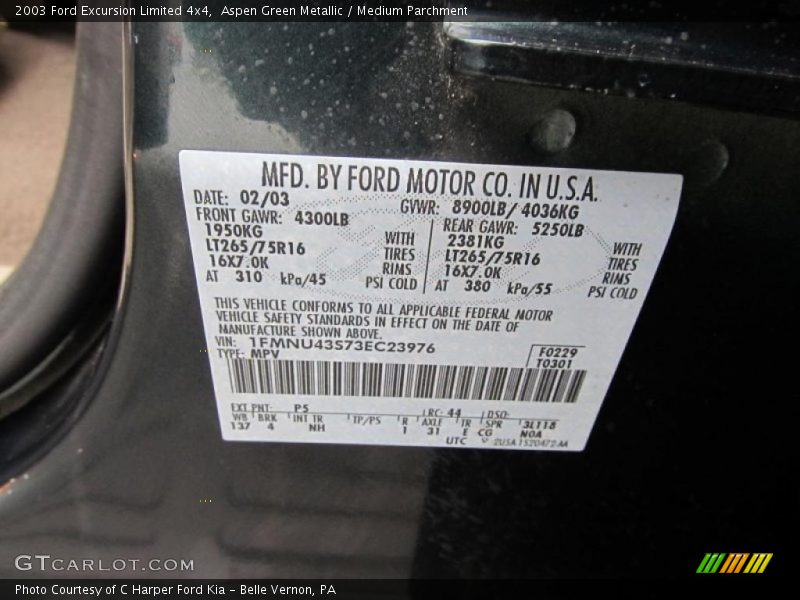 2003 Excursion Limited 4x4 Aspen Green Metallic Color Code P5