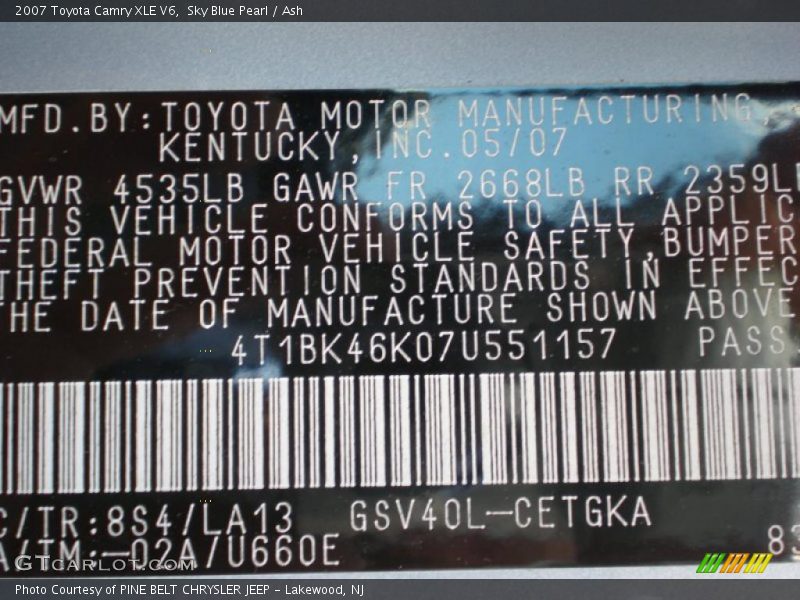 Info Tag of 2007 Camry XLE V6
