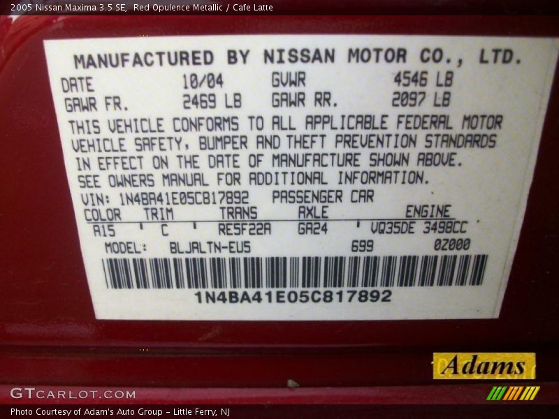 Red Opulence Metallic / Cafe Latte 2005 Nissan Maxima 3.5 SE