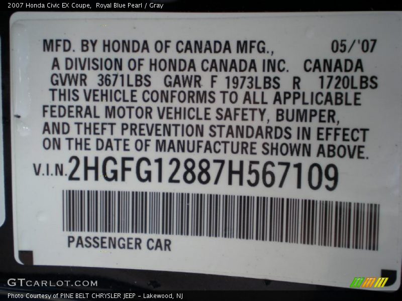 Royal Blue Pearl / Gray 2007 Honda Civic EX Coupe