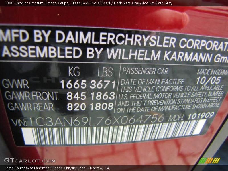 Info Tag of 2006 Crossfire Limited Coupe