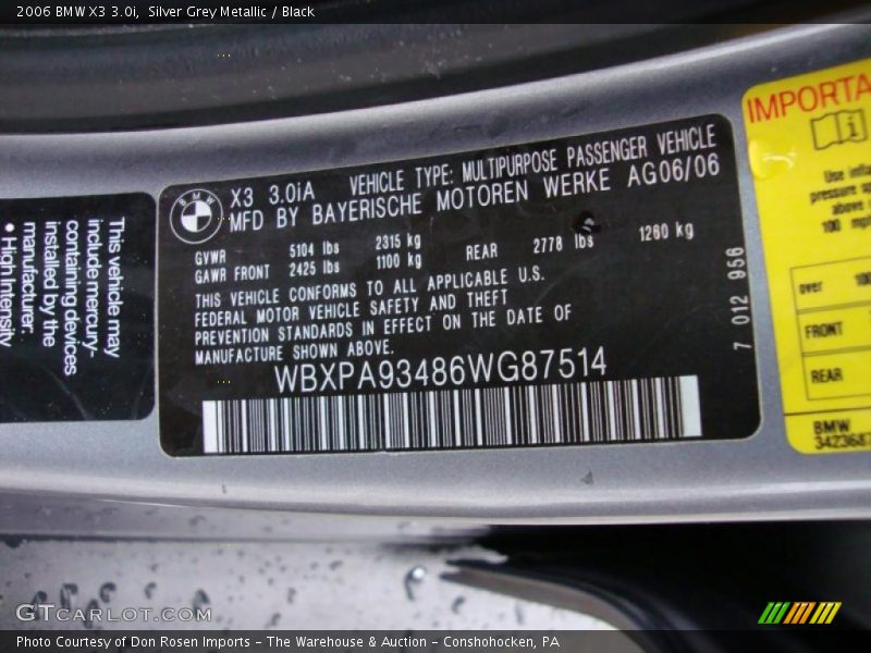 Silver Grey Metallic / Black 2006 BMW X3 3.0i