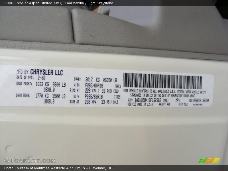 2008 Aspen Limited 4WD Cool Vanilla Color Code PWG