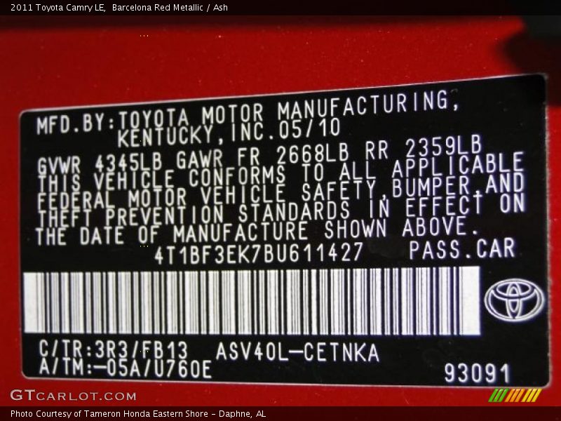 Barcelona Red Metallic / Ash 2011 Toyota Camry LE