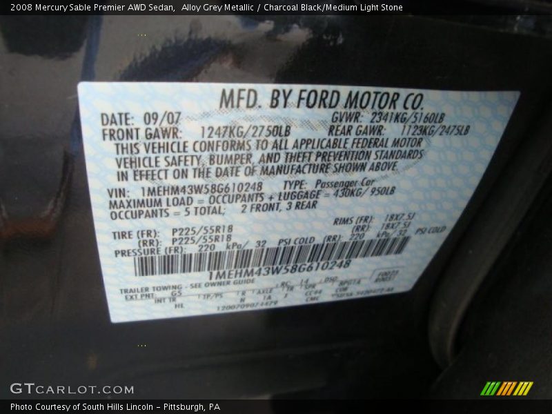 Alloy Grey Metallic / Charcoal Black/Medium Light Stone 2008 Mercury Sable Premier AWD Sedan