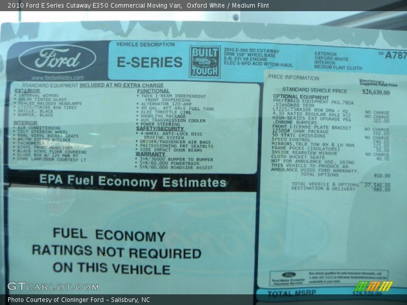 Oxford White / Medium Flint 2010 Ford E Series Cutaway E350 Commercial Moving Van