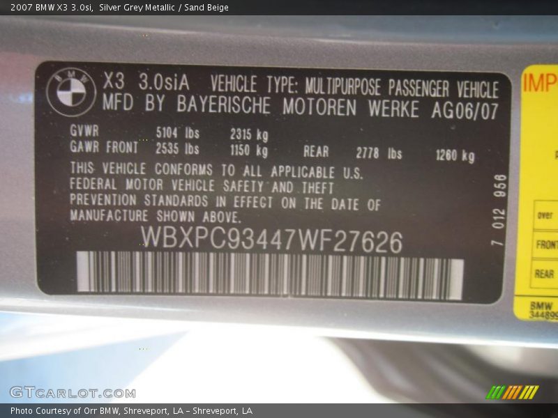 Silver Grey Metallic / Sand Beige 2007 BMW X3 3.0si