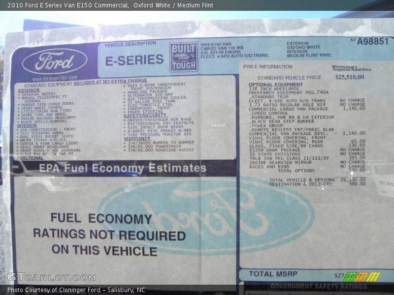  2010 E Series Van E150 Commercial Window Sticker